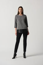 Load image into Gallery viewer, Joseph Ribkoff Tweed 3/4 Sleeve Pullover Pleather Trim Blouse textured tweed fabric, Designer blouse, Workwear, petite blouse, Plus size blouse, Textured blouse, Modern blouse, Stylish blouse, NY, Pleather Trim Top Long Island Mieka Fashion Long Island Women's Clothing Joseph Ribkoff Long Island Boutique Apparel