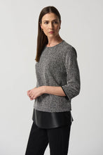Load image into Gallery viewer, Joseph Ribkoff Tweed 3/4 Sleeve Pullover Pleather Trim Blouse textured tweed fabric, Designer blouse, Workwear, petite blouse, Plus size blouse, Textured blouse, Modern blouse, Stylish blouse, NY, Pleather Trim Top Long Island Mieka Fashion Long Island Women's Clothing Joseph Ribkoff Long Island Boutique Apparel