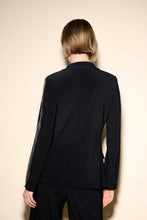 Load image into Gallery viewer, Joseph Ribkoff blazer, chainmail-like mesh panelling on its sleeves, from shoulder to cuff. Designer blouse, Workwear, petite blouse, Plus size blouse, Textured blouse, Modern blouse, Stylish blouse, NY, Pleather Trim Top Long Island Mieka Fashion Long Island Women's Clothing Joseph Ribkoff Long Island Boutique Apparel