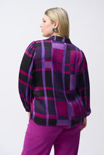 Load image into Gallery viewer, The essence of contemporary style, this satin top carries undeniable charm. The design features an alluring abstract plaid print that highlights your flair for great fashion. The long, puffed sleeves with elastic cuffs add a dramatic touch while the boxy silhouette offers both a comfortable, yet chic feel. The V-shaped neckline boasts a sleek shirt collar accentuating the garment’s poised look.