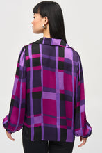 Load image into Gallery viewer, The essence of contemporary style, this satin top carries undeniable charm. The design features an alluring abstract plaid print that highlights your flair for great fashion. The long, puffed sleeves with elastic cuffs add a dramatic touch while the boxy silhouette offers both a comfortable, yet chic feel. The V-shaped neckline boasts a sleek shirt collar accentuating the garment’s poised look.