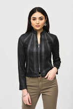 Load image into Gallery viewer, Add some edge to your wardrobe with this chic faux suede jacket, detailed with metallic mesh and an exposed front zipper closure. Pair it with jeans or kick it up a notch with a pair of faux leather pants.