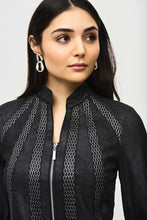 Load image into Gallery viewer, Add some edge to your wardrobe with this chic faux suede jacket, detailed with metallic mesh and an exposed front zipper closure. Pair it with jeans or kick it up a notch with a pair of faux leather pants.