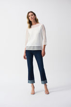 Load image into Gallery viewer, Adorned with textured stripes at the neckline, sleeves, and hem, this lightweight knit pullover is a smart choice for cooler days. Framed by three-quarter sleeves and a flattering boat neckline, this versatile top is comfortable as well as stylish.