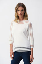 Load image into Gallery viewer, Adorned with textured stripes at the neckline, sleeves, and hem, this lightweight knit pullover is a smart choice for cooler days. Framed by three-quarter sleeves and a flattering boat neckline, this versatile top is comfortable as well as stylish.