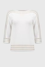 Load image into Gallery viewer, Adorned with textured stripes at the neckline, sleeves, and hem, this lightweight knit pullover is a smart choice for cooler days. Framed by three-quarter sleeves and a flattering boat neckline, this versatile top is comfortable as well as stylish.