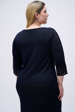 Load image into Gallery viewer, Adorned with textured stripes at the neckline, sleeves, and hem, this lightweight knit pullover is a smart choice for cooler days. Framed by three-quarter sleeves and a flattering boat neckline, this versatile top is comfortable as well as stylish.