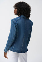 Load image into Gallery viewer, Cut from a stretch denim fabric, this double-breasted blazer offers an unexpected blend of structure and casual style that's next level. Designed with a classic lapel collar, faux-pocket flaps, and military-inspired buttons, you're sure to feel relaxed yet confidently put together.