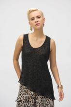 Load image into Gallery viewer, This chiffon tunic boasts a captivating animal print that exudes undeniable glamour. The piece features a sleeveless A-line silhouette and a chic scoop neckline, lending a sophisticated feel with timeless appeal. The garment’s reversible design and detachable scarf with fringe at the hem allow you to transform your look to suit any occasion.