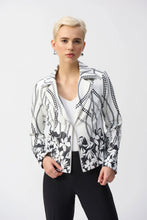 Load image into Gallery viewer, Elevated by a stunning floral print, this Joseph Ribkoff fitted faux-suede jacket is destined to be the focal point of any outfit. With a sophisticated notched collar and a single hook & eye closure, this signature layering piece will breathe life into your wardrobe.