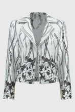 Load image into Gallery viewer, Elevated by a stunning floral print, this Joseph Ribkoff fitted faux-suede jacket is destined to be the focal point of any outfit. With a sophisticated notched collar and a single hook & eye closure, this signature layering piece will breathe life into your wardrobe.