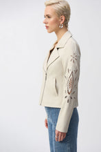 Load image into Gallery viewer, Let your inner rockstar shine in this Joseph Ribkoff faux-suede moto jacket. A notched collar and fitted silhouette give this piece that classic biker appeal, while foiling and embroidery softens and refines the look.