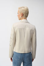 Load image into Gallery viewer, Let your inner rockstar shine in this Joseph Ribkoff faux-suede moto jacket. A notched collar and fitted silhouette give this piece that classic biker appeal, while foiling and embroidery softens and refines the look.