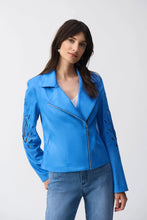 Load image into Gallery viewer, Let your inner rockstar shine in this Joseph Ribkoff faux-suede moto jacket. A notched collar and fitted silhouette give this piece that classic biker appeal, while foiling and embroidery softens and refines the look.