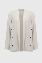 Load image into Gallery viewer, Inject an air of casual elegance to any attire with this sleek Joseph Ribkoff cover-up. The gauze garment features a chic neckband and long sleeves that create a polished look. The insert band with decorative buttons adds a bit more flair to this lovely wardrobe essential. 