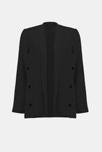 Load image into Gallery viewer, Inject an air of casual elegance to any attire with this sleek Joseph Ribkoff cover-up. The gauze garment features a chic neckband and long sleeves that create a polished look. The insert band with decorative buttons adds a bit more flair to this lovely wardrobe essential. 