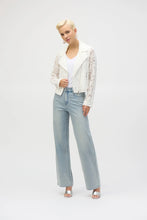 Load image into Gallery viewer, Channel your inner romantic rebel with this stunning Joseph Ribkoff lace moto jacket. Blending edgy vibes with delicate details, it’s the best of both worlds. Featuring a notched collar and zippered front, this jacket is as functional as it is fashionable. Lined for comfort, it’s the perfect piece to give your wardrobe a bold, stylish upgrade.