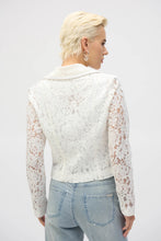 Load image into Gallery viewer, Channel your inner romantic rebel with this stunning Joseph Ribkoff lace moto jacket. Blending edgy vibes with delicate details, it’s the best of both worlds. Featuring a notched collar and zippered front, this jacket is as functional as it is fashionable. Lined for comfort, it’s the perfect piece to give your wardrobe a bold, stylish upgrade.