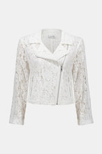 Load image into Gallery viewer, Channel your inner romantic rebel with this stunning Joseph Ribkoff lace moto jacket. Blending edgy vibes with delicate details, it’s the best of both worlds. Featuring a notched collar and zippered front, this jacket is as functional as it is fashionable. Lined for comfort, it’s the perfect piece to give your wardrobe a bold, stylish upgrade.