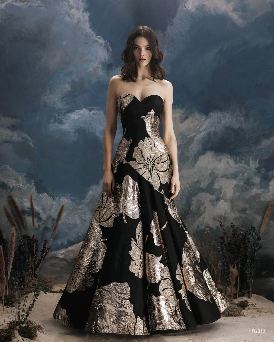 Strapless Metallic Floral Long Dress – Mieka Boutique