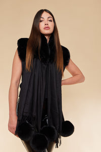 Stunning black wrap with faux fur collar and stylish pom poms. Long Island Fashion. Women's clothing Long Island, Woodbury, Greenvale, New York. 