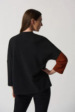 Load image into Gallery viewer, Joseph Ribkoff sweater soft knit fabric two-tone color block pattern w/ faux leather trim. round neckline, 3/4 sleeves, 1 patch pocket.Designer blouse, Workwear, petite blouse, Plus size blouse, Textured blouse, Modern blouse, Stylish blouse, NY, Pleather Trim Top Long IslandMieka Fashion Long Island Clothing 
