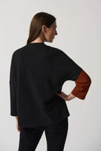 Load image into Gallery viewer, Joseph Ribkoff sweater soft knit fabric two-tone color block pattern w/ faux leather trim. round neckline, 3/4 sleeves, 1 patch pocket.Designer blouse, Workwear, petite blouse, Plus size blouse, Textured blouse, Modern blouse, Stylish blouse, NY, Pleather Trim Top Long IslandMieka Fashion Long Island Clothing
