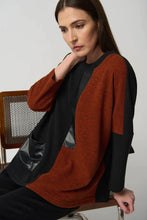 Load image into Gallery viewer, Joseph Ribkoff sweater soft knit fabric two-tone color block pattern w/ faux leather trim. round neckline, 3/4 sleeves, 1 patch pocket.Designer blouse, Workwear, petite blouse, Plus size blouse, Textured blouse, Modern blouse, Stylish blouse, NY, Pleather Trim Top Long IslandMieka Fashion Long Island Clothing