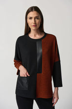Load image into Gallery viewer, Joseph Ribkoff sweater soft knit fabric two-tone color block pattern w/ faux leather trim. round neckline, 3/4 sleeves, 1 patch pocket.Designer blouse, Workwear, petite blouse, Plus size blouse, Textured blouse, Modern blouse, Stylish blouse, NY, Pleather Trim Top Long IslandMieka Fashion Long Island Clothing