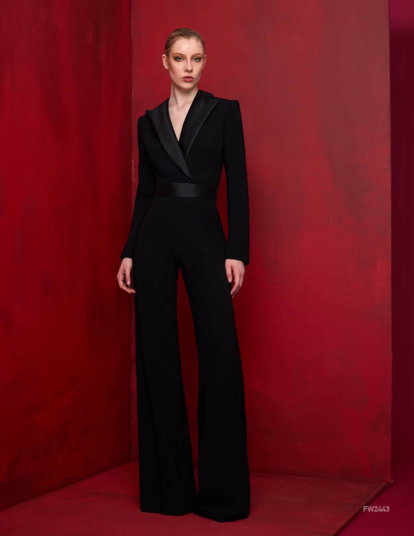 Stunning Lucian Matis long-sleeve formal jumpsuit with sophisticated deep v-neckline.