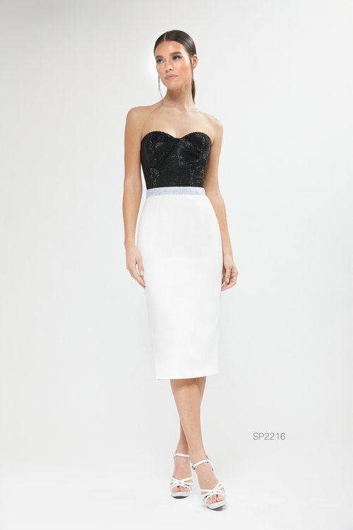 White Strapless Party Dress-Black Lace