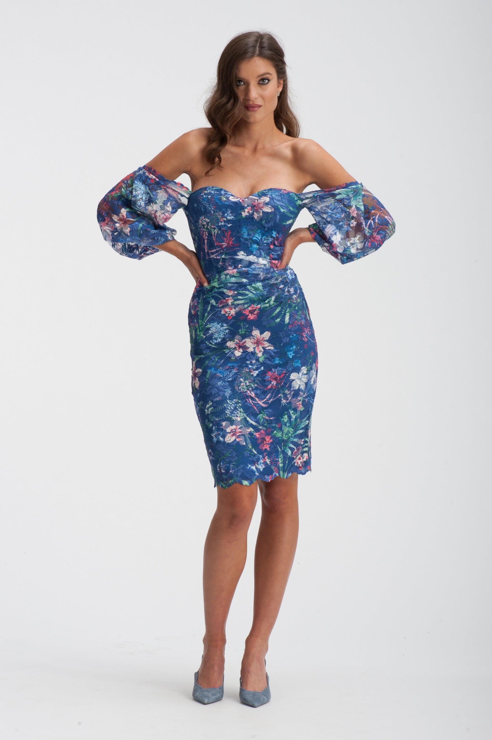 Flirty off the shoulder lace short dress in a beautiful floral pattern.