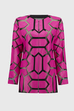 Load image into Gallery viewer, Indulge in the irresistible charm of this laser-cut mesh jacket. It is a modern work of art made from premium leatherette that blends futuristic style with refined sophistication. The jacket flaunts a hook-and-eye front closure, emphasizing its contemporary aesthetic.
