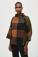 Load image into Gallery viewer, We all need a little plaid in our wardrobe. This cozy jacquard sweater knit top features a striking three-tone plaid pattern that&#39;s just as extraordinary as its design. A loose-fitting funnel neck adorned with decorative buttons on the side, along with three-quarter bell sleeves and a roomy fit give this piece an endlessly attractive appeal.
