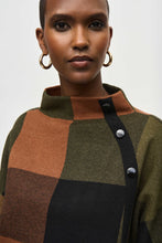 Load image into Gallery viewer, We all need a little plaid in our wardrobe. This cozy jacquard sweater knit top features a striking three-tone plaid pattern that&#39;s just as extraordinary as its design. A loose-fitting funnel neck adorned with decorative buttons on the side, along with three-quarter bell sleeves and a roomy fit give this piece an endlessly attractive appeal.
