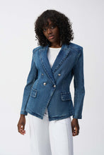 Load image into Gallery viewer, Cut from a stretch denim fabric, this double-breasted blazer offers an unexpected blend of structure and casual style that&#39;s next level. Designed with a classic lapel collar, faux-pocket flaps, and military-inspired buttons, you&#39;re sure to feel relaxed yet confidently put together.
