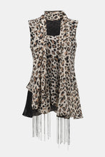 Load image into Gallery viewer, This chiffon tunic boasts a captivating animal print that exudes undeniable glamour. The piece features a sleeveless A-line silhouette and a chic scoop neckline, lending a sophisticated feel with timeless appeal. The garment’s reversible design and detachable scarf with fringe at the hem allow you to transform your look to suit any occasion. 
