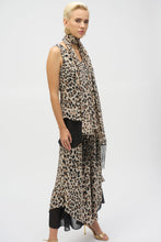 Load image into Gallery viewer, This chiffon tunic boasts a captivating animal print that exudes undeniable glamour. The piece features a sleeveless A-line silhouette and a chic scoop neckline, lending a sophisticated feel with timeless appeal. The garment’s reversible design and detachable scarf with fringe at the hem allow you to transform your look to suit any occasion. 
