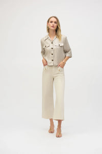 Refresh your casual wardrobe with this fabulously versatile Joseph Ribkoff short-sleeved jacket, crafted from a foiled linen blend fabric. Featuring a shirt collar, flap chest pockets, and contrast buttons, this piece can be layered over a simple tee or dress for an effortlessly stylish look.
