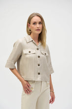 Load image into Gallery viewer, Refresh your casual wardrobe with this fabulously versatile Joseph Ribkoff short-sleeved jacket, crafted from a foiled linen blend fabric. Featuring a shirt collar, flap chest pockets, and contrast buttons, this piece can be layered over a simple tee or dress for an effortlessly stylish look.
