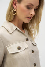 Load image into Gallery viewer, Refresh your casual wardrobe with this fabulously versatile Joseph Ribkoff short-sleeved jacket, crafted from a foiled linen blend fabric. Featuring a shirt collar, flap chest pockets, and contrast buttons, this piece can be layered over a simple tee or dress for an effortlessly stylish look.
