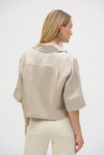 Load image into Gallery viewer, Refresh your casual wardrobe with this fabulously versatile Joseph Ribkoff short-sleeved jacket, crafted from a foiled linen blend fabric. Featuring a shirt collar, flap chest pockets, and contrast buttons, this piece can be layered over a simple tee or dress for an effortlessly stylish look.

