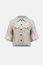 Load image into Gallery viewer, Refresh your casual wardrobe with this fabulously versatile Joseph Ribkoff short-sleeved jacket, crafted from a foiled linen blend fabric. Featuring a shirt collar, flap chest pockets, and contrast buttons, this piece can be layered over a simple tee or dress for an effortlessly stylish look.
