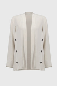 Inject an air of casual elegance to any attire with this sleek Joseph Ribkoff cover-up. The gauze garment features a chic neckband and long sleeves that create a polished look. The insert band with decorative buttons adds a bit more flair to this lovely wardrobe essential.&nbsp;