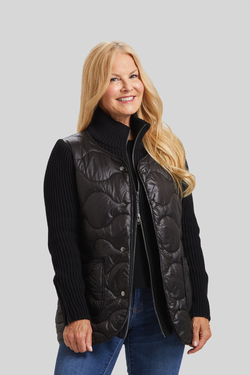 ribbed cotton blend with a quilted puffer vest top layer. Women's clothing Long Island, Woodbury, Greenvale, New York. High-end women's fashion Long Island Designer clothing Woodbury NY Luxury women's clothing Greenvale Fashion boutiques on Long Island Women's designer fashion stores Woodbury NY fashion boutiques