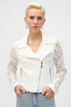 Load image into Gallery viewer, Channel your inner romantic rebel with this stunning Joseph Ribkoff lace moto jacket. Blending edgy vibes with delicate details, it’s the best of both worlds. Featuring a notched collar and zippered front, this jacket is as functional as it is fashionable. Lined for comfort, it’s the perfect piece to give your wardrobe a bold, stylish upgrade.
