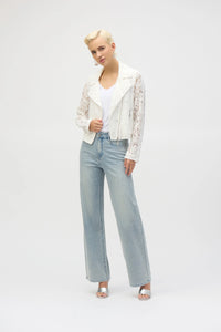 Channel your inner romantic rebel with this stunning Joseph Ribkoff lace moto jacket. Blending edgy vibes with delicate details, it’s the best of both worlds. Featuring a notched collar and zippered front, this jacket is as functional as it is fashionable. Lined for comfort, it’s the perfect piece to give your wardrobe a bold, stylish upgrade.