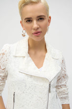 Load image into Gallery viewer, Channel your inner romantic rebel with this stunning Joseph Ribkoff lace moto jacket. Blending edgy vibes with delicate details, it’s the best of both worlds. Featuring a notched collar and zippered front, this jacket is as functional as it is fashionable. Lined for comfort, it’s the perfect piece to give your wardrobe a bold, stylish upgrade.
