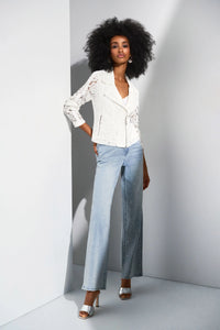 Channel your inner romantic rebel with this stunning Joseph Ribkoff lace moto jacket. Blending edgy vibes with delicate details, it’s the best of both worlds. Featuring a notched collar and zippered front, this jacket is as functional as it is fashionable. Lined for comfort, it’s the perfect piece to give your wardrobe a bold, stylish upgrade.