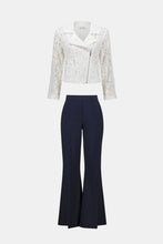 Load image into Gallery viewer, Channel your inner romantic rebel with this stunning Joseph Ribkoff lace moto jacket. Blending edgy vibes with delicate details, it’s the best of both worlds. Featuring a notched collar and zippered front, this jacket is as functional as it is fashionable. Lined for comfort, it’s the perfect piece to give your wardrobe a bold, stylish upgrade.
